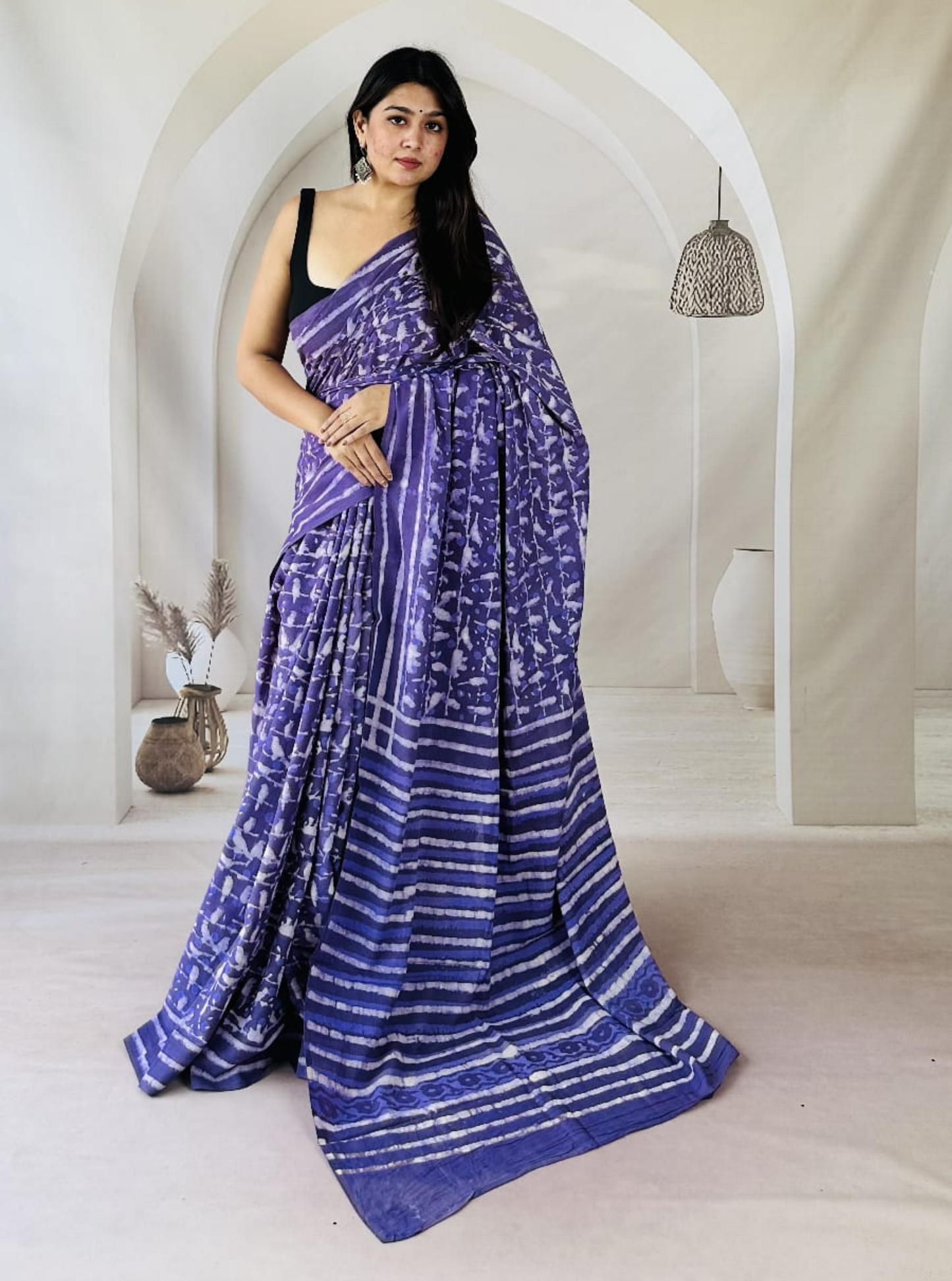 Lavender Purple Bagru Print Cotton Saree with Striped & Floral Patterns