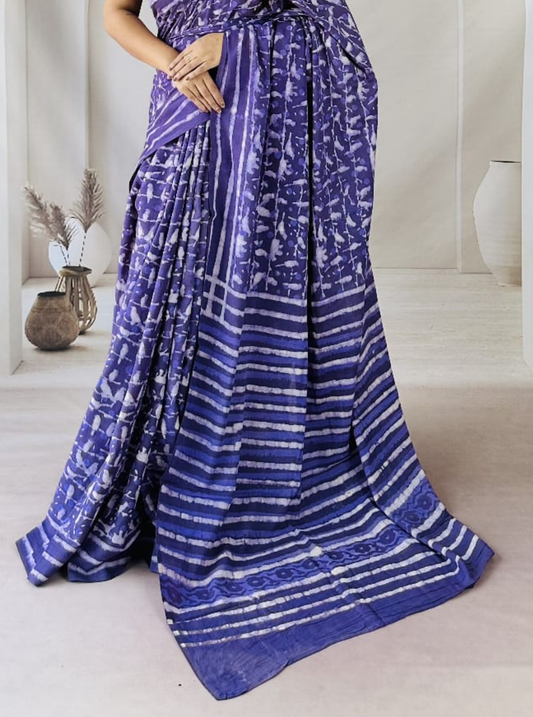 Lavender Purple Bagru Print Cotton Saree with Striped & Floral Patterns