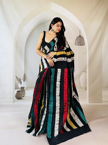 Multicolor Striped Bagru Print Cotton Saree on Black Base