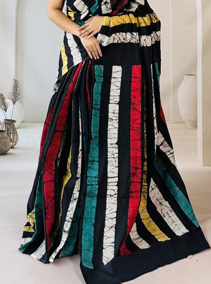 Multicolor Striped Bagru Print Cotton Saree on Black Base
