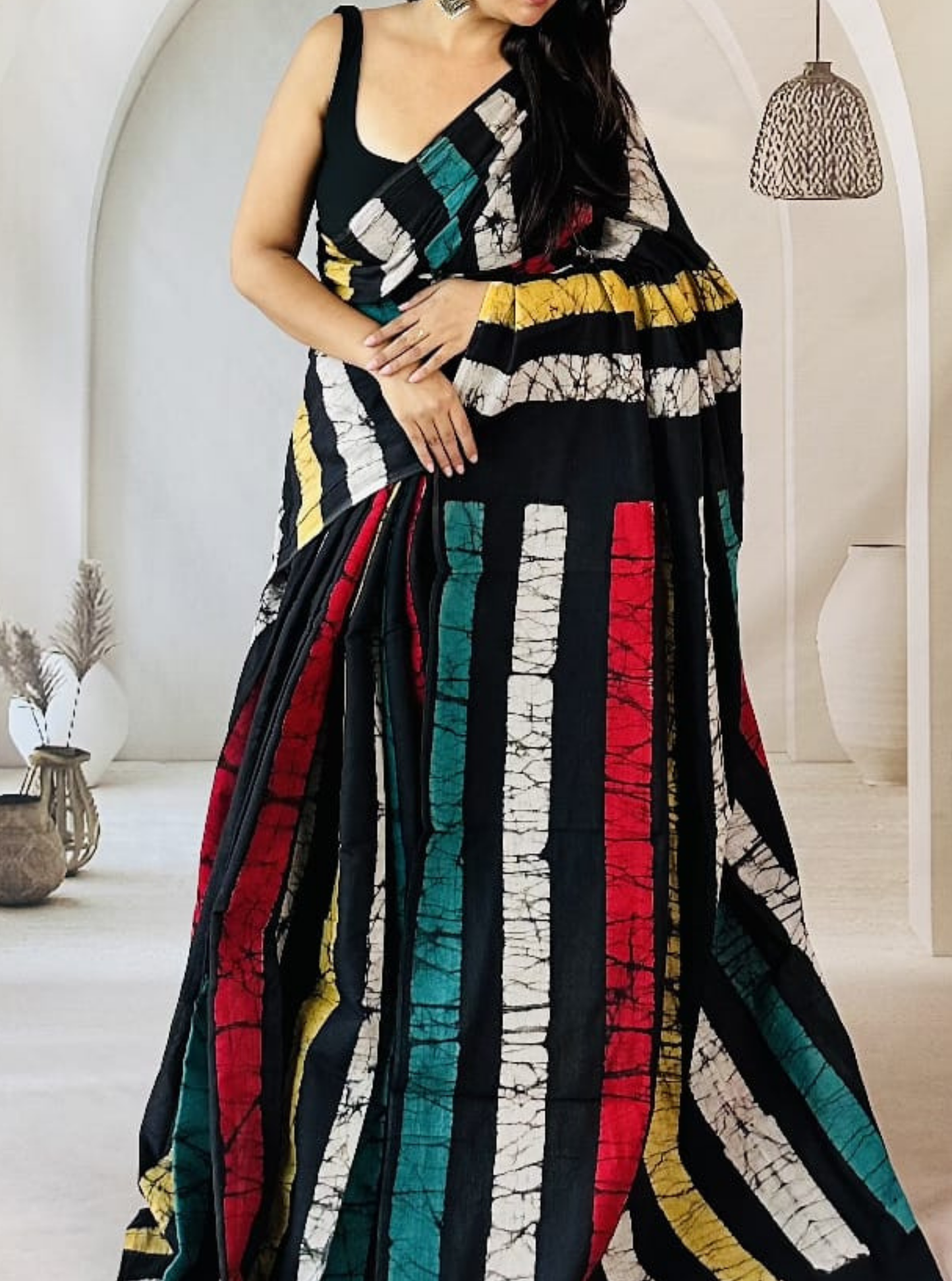 Multicolor Striped Bagru Print Cotton Saree on Black Base