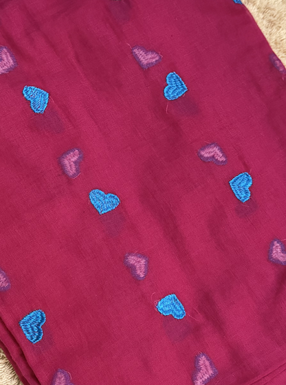 Ruby Pink Mul Cotton Saree with Blue Heart Motifs & Tassels