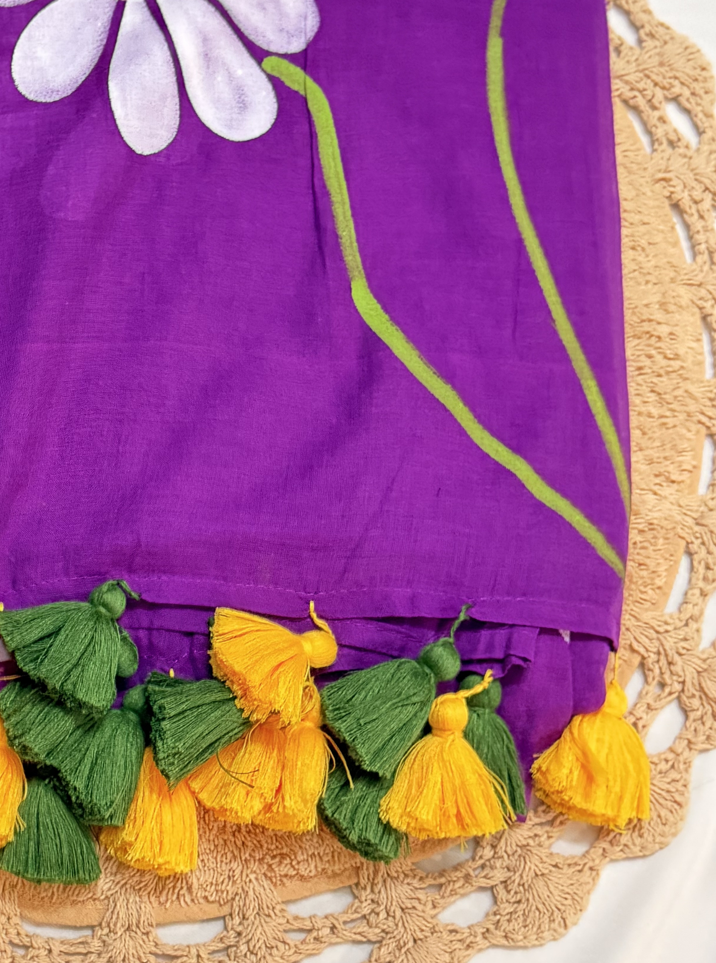 Violet Mul Cotton Saree with Handpainted Daisy Motif & Contrast Tassels