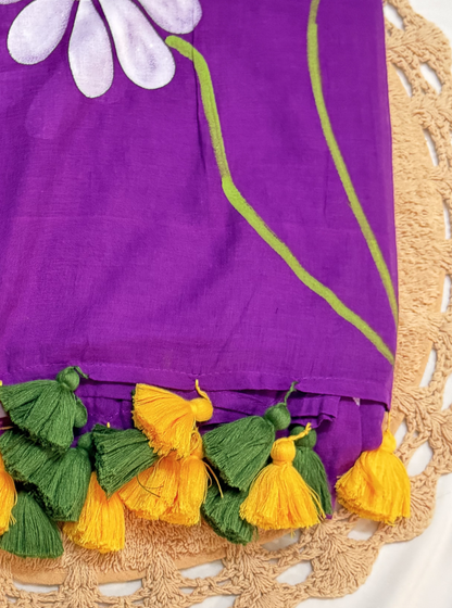 Violet Mul Cotton Saree with Handpainted Daisy Motif & Contrast Tassels