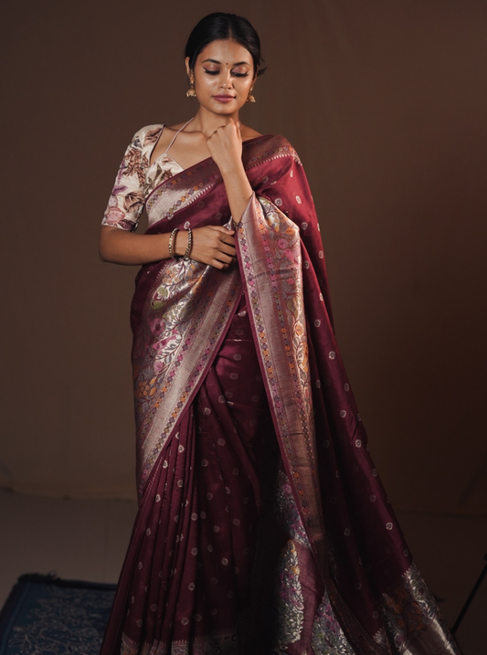 Elegant Wine Tussar Silk Saree with Woven Zari Motifs