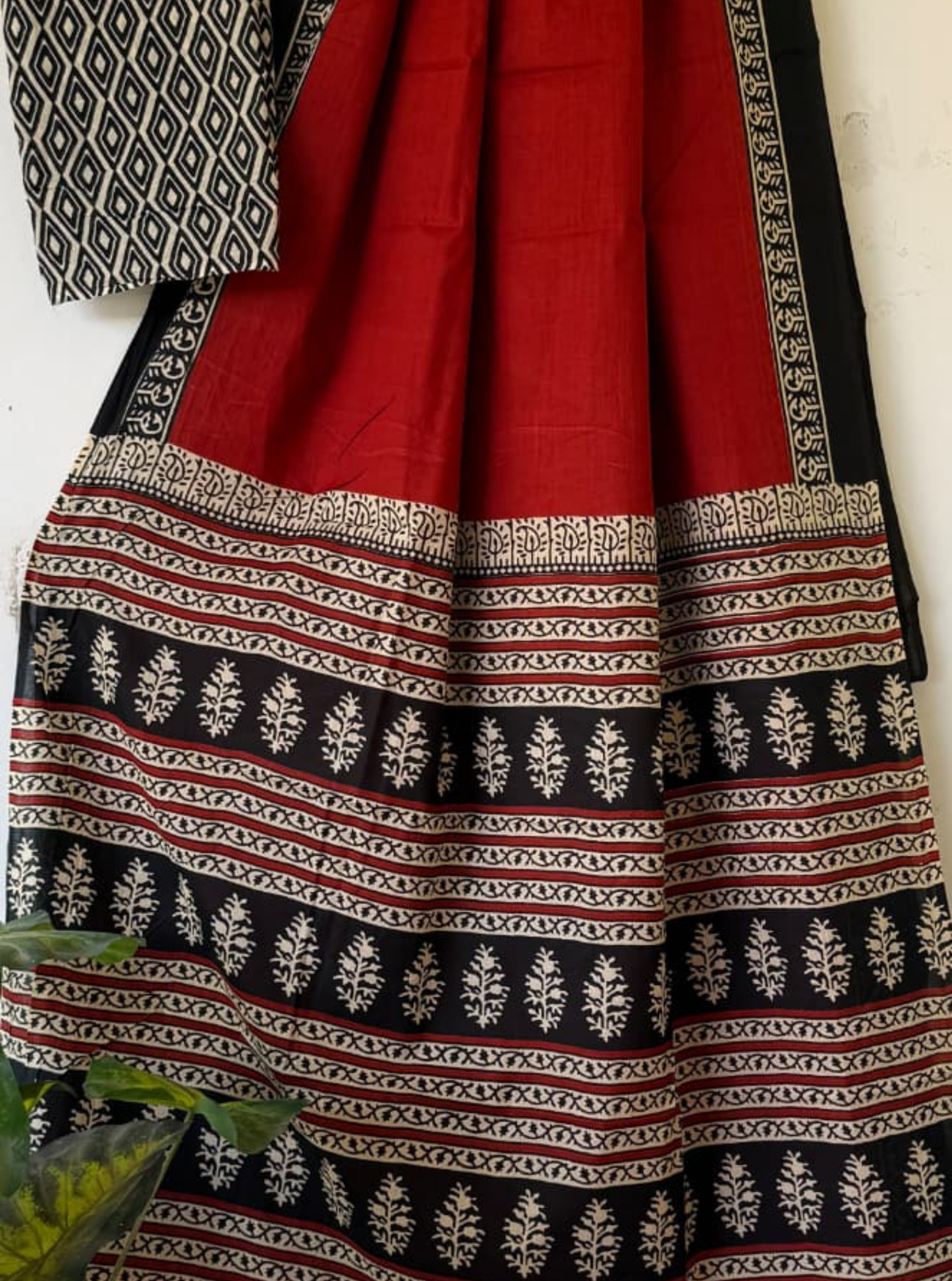 Classic Red & Black Bagru Print Cotton Saree with Ethnic Border