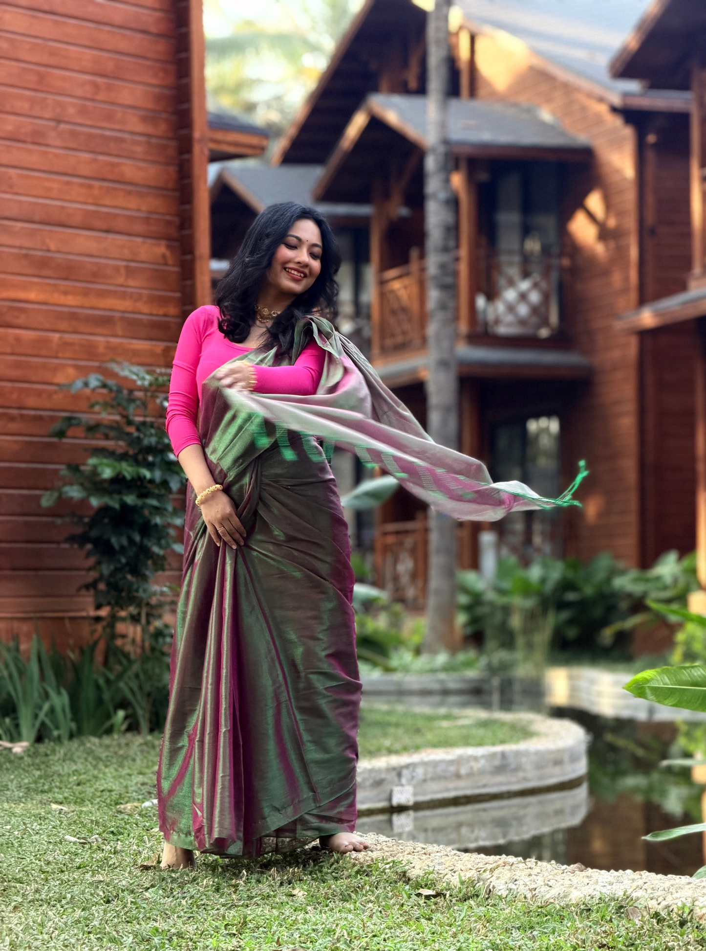 Rose Pink & Aqua Tissue Cotton Saree with Subtle Sheen