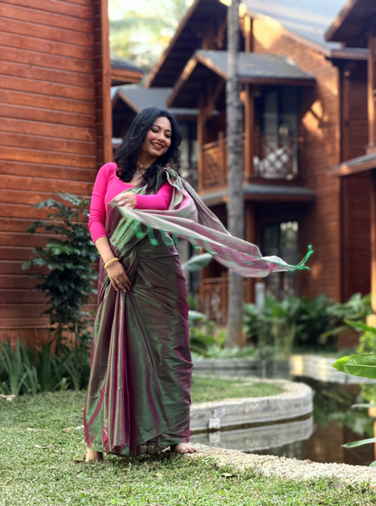 Rose Pink & Aqua Tissue Cotton Saree with Subtle Sheen