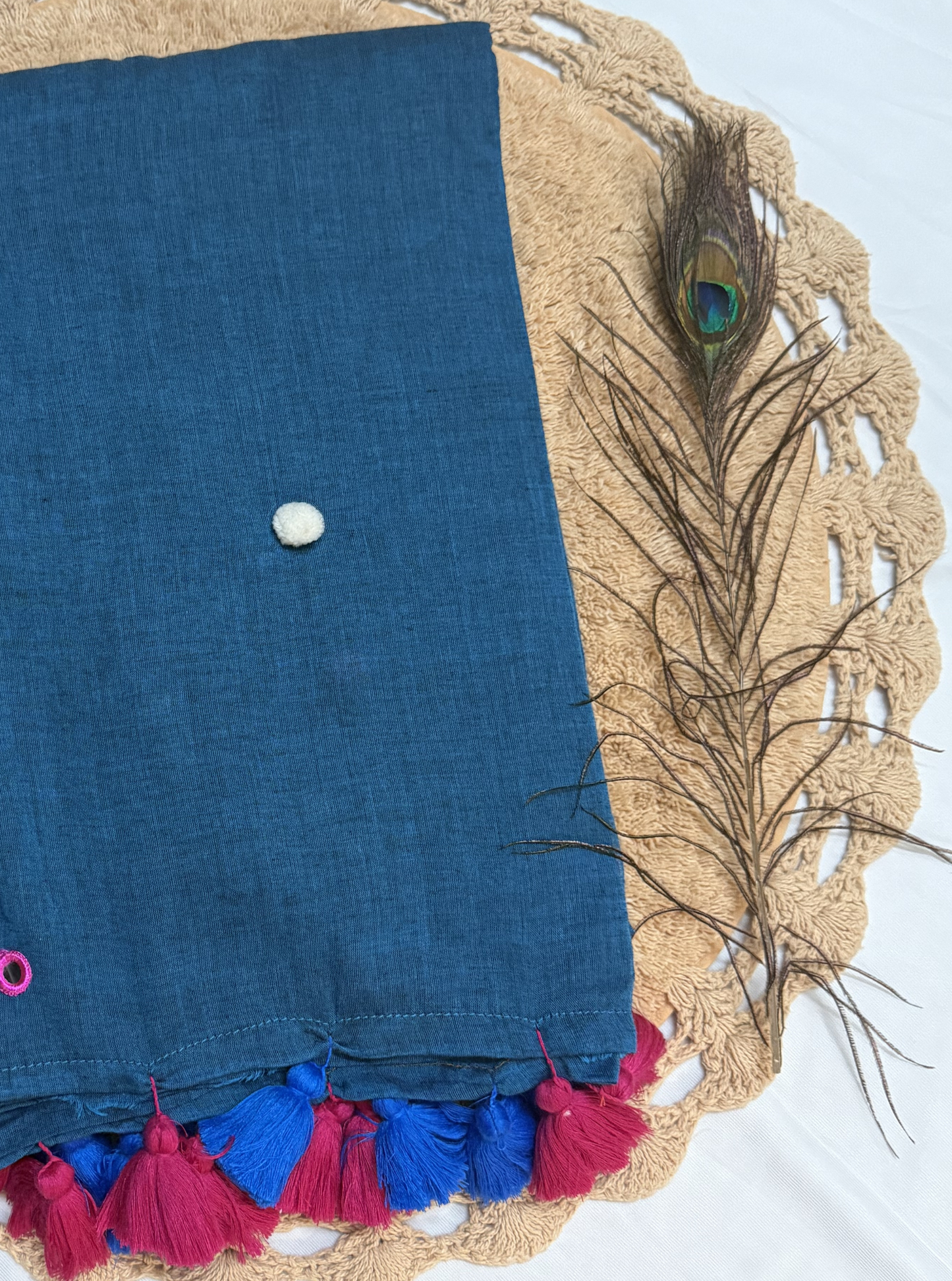 Indigo Blue Mul Cotton Saree with Multicolor Tassels & Minimal Motifs