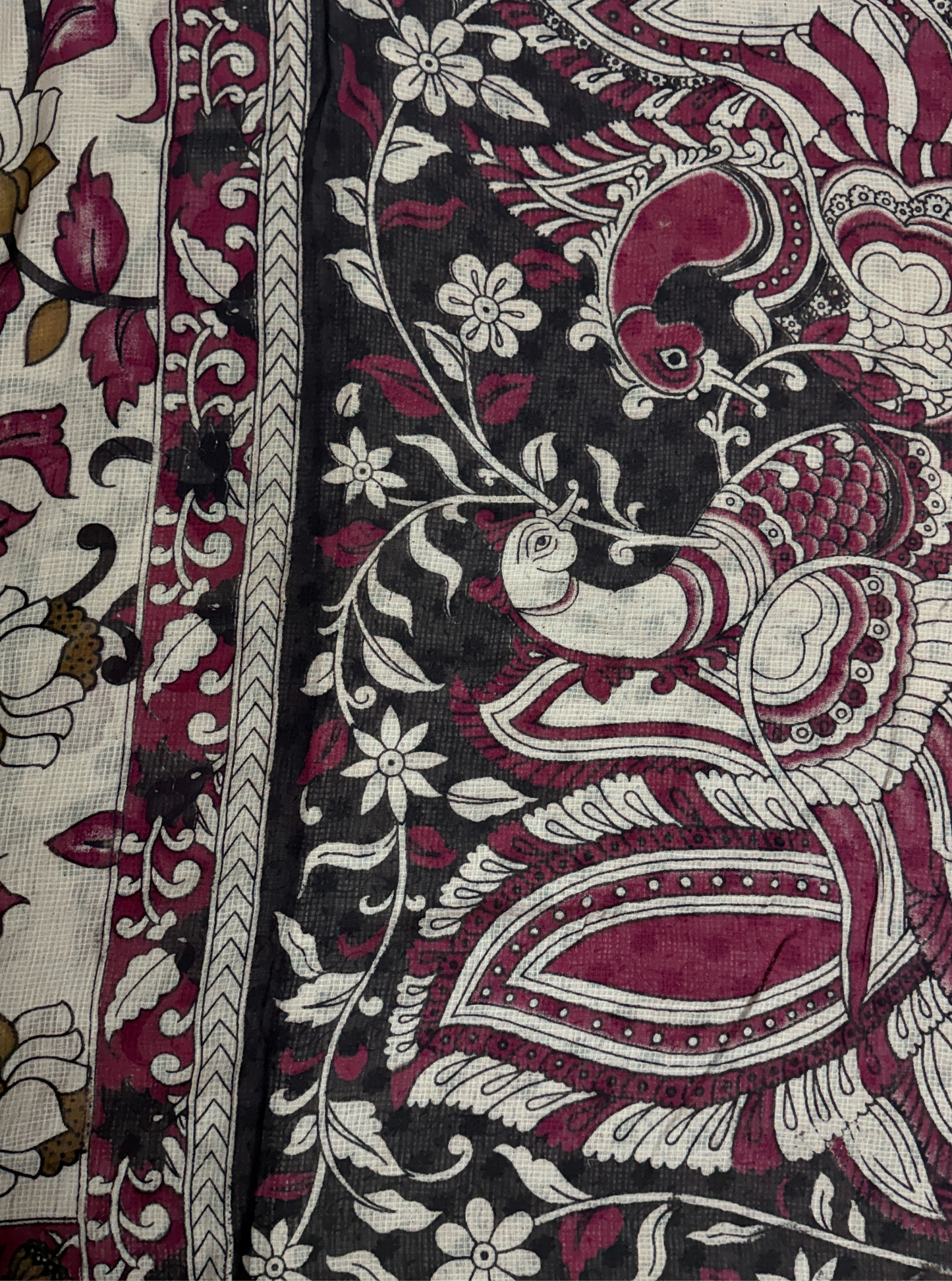 Ivory Kota Cotton Saree with Floral Vine Motifs & Maroon Border