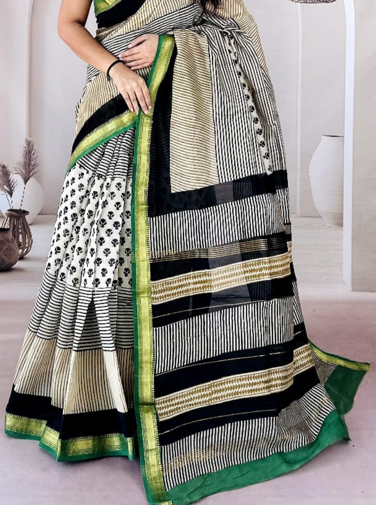 Black & Ivory Striped Maheshwari Silk Saree with Green Zari Border