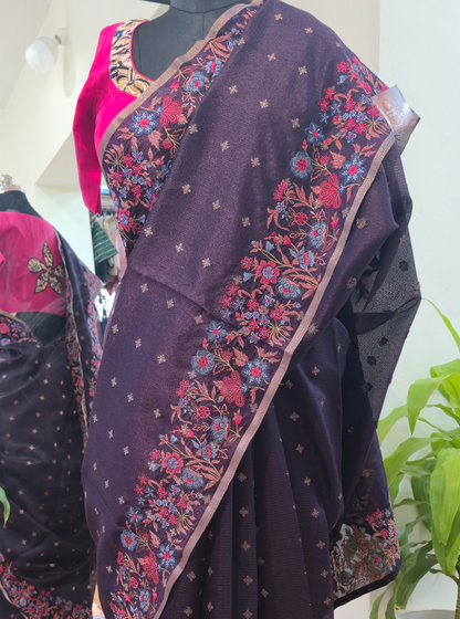 Elegant Deep Purple Designer Silk Saree with Floral Embroidery Border