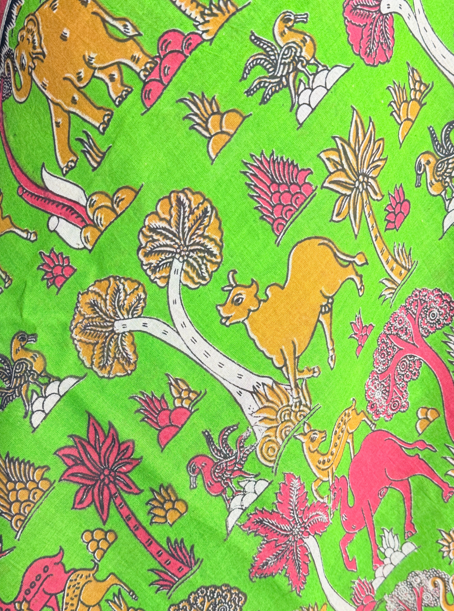 Parrot Green Cotton Kalamkari Saree with Forest & Animal Motifs