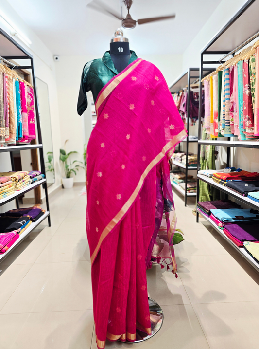 Vibrant Pink Cotton Saree with Organza Pallu & Gold Accents