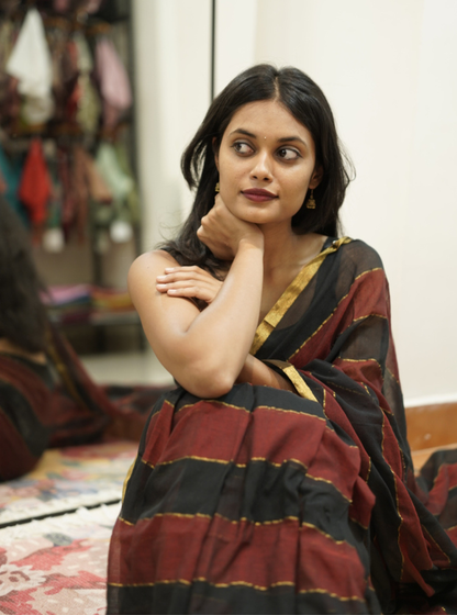 Black & Maroon Striped Mul Cotton Saree with Subtle Gold Border