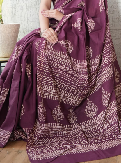 Elegant Wine Cotton Saree with Ethnic Paisley & Geometric Prints