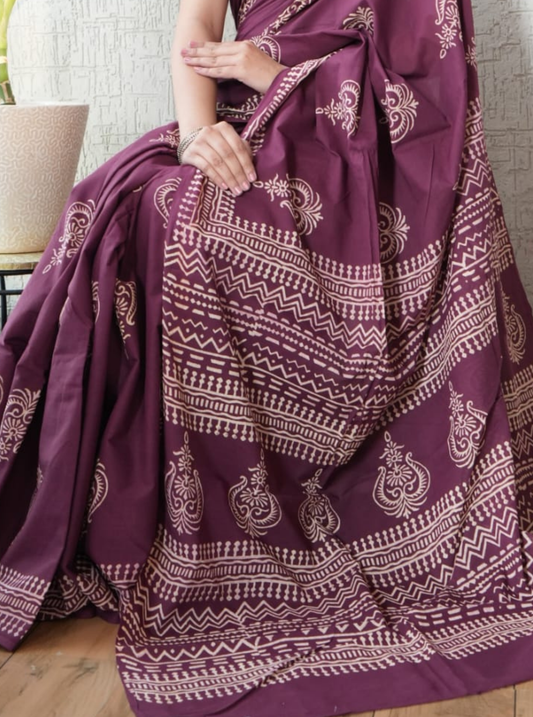 Elegant Wine Cotton Saree with Ethnic Paisley & Geometric Prints