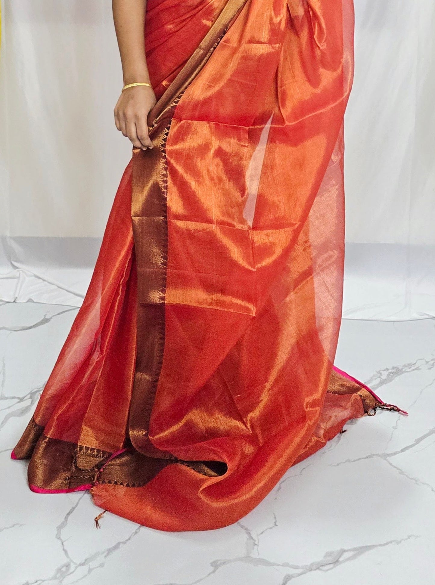 Burnt Orange Tissue Cotton Saree with Antique Gold Border & Pink Edge