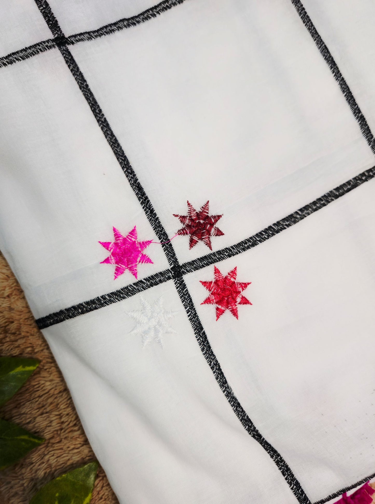 White Mul Cotton Saree with Black Checks & Embroidered Motifs