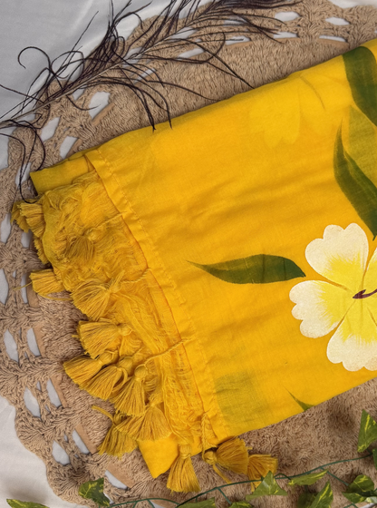 Sunshine Yellow Mul Cotton Saree with Hand-Painted Floral Design