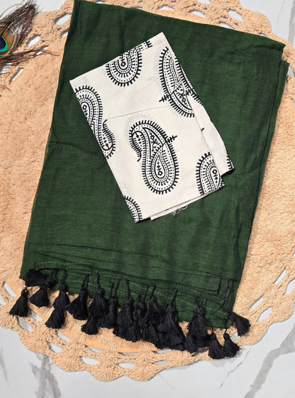 Forest Green Mul Cotton Saree with Black Tasselled Pallu & Paisley Printed Blouse