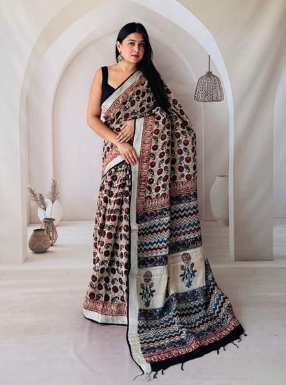 Earthy Beige Hand-Printed Linen Cotton Saree with Floral & Geometric Borders