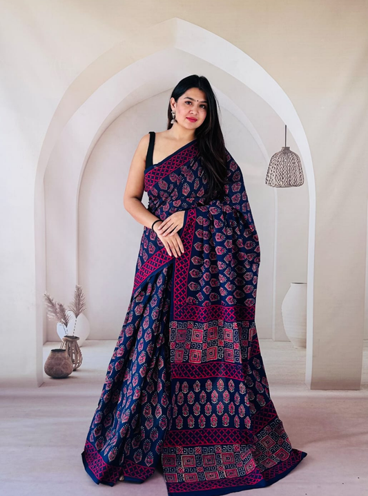 Navy Blue Bagru Print Cotton Saree with Crimson Geometric Border