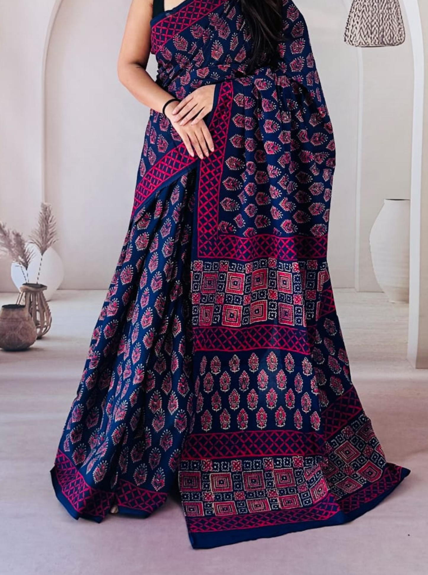 Navy Blue Bagru Print Cotton Saree with Crimson Geometric Border