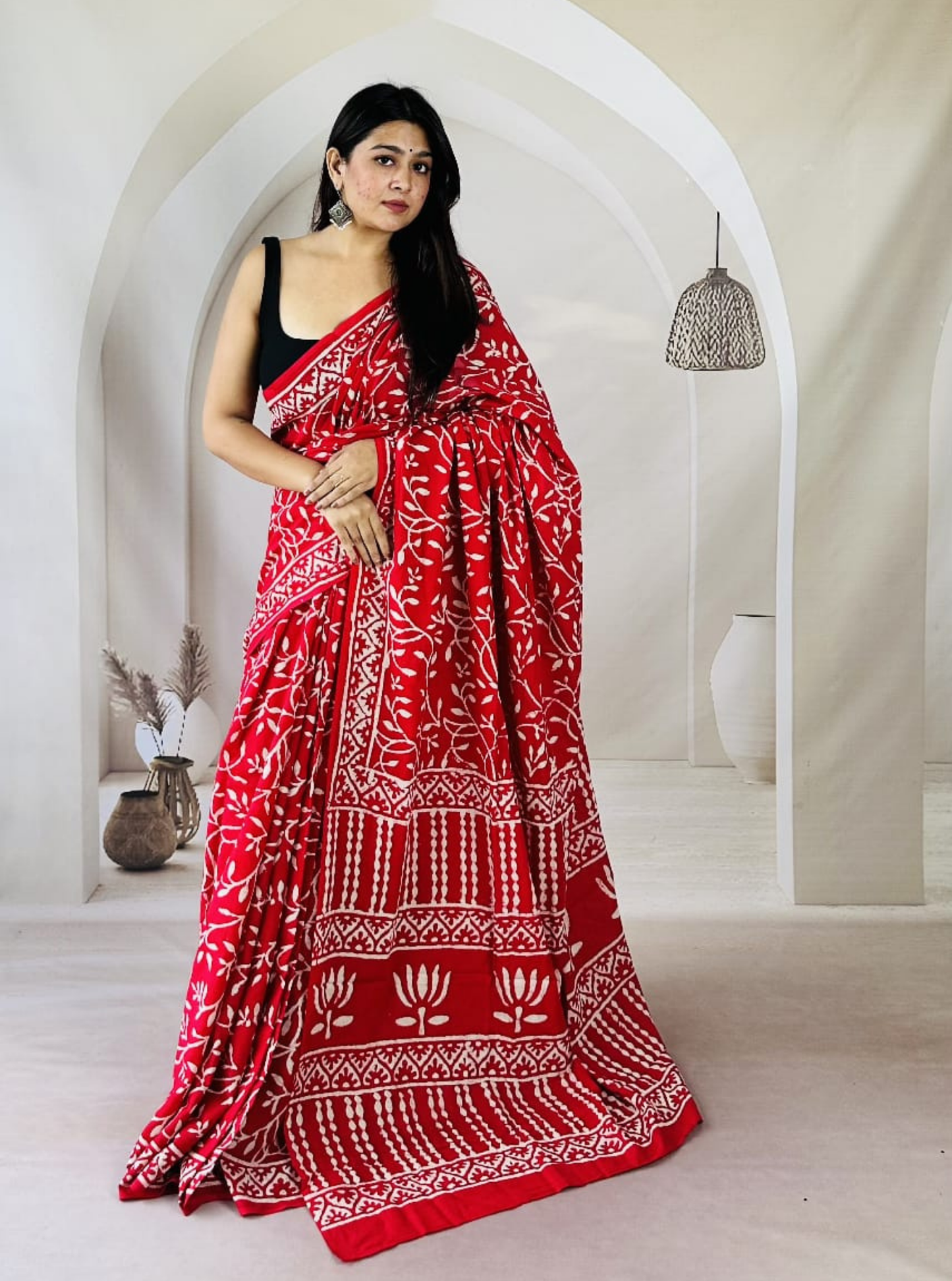 Classic Red Bagru Print Cotton Saree with Ivory Ethnic Motifs