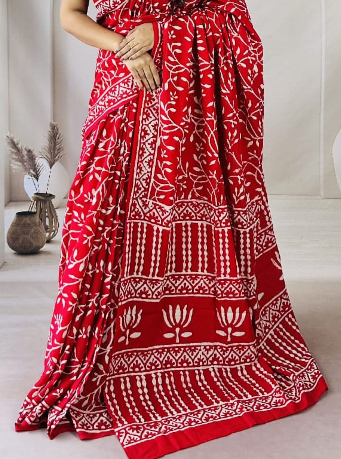 Classic Red Bagru Print Cotton Saree with Ivory Ethnic Motifs