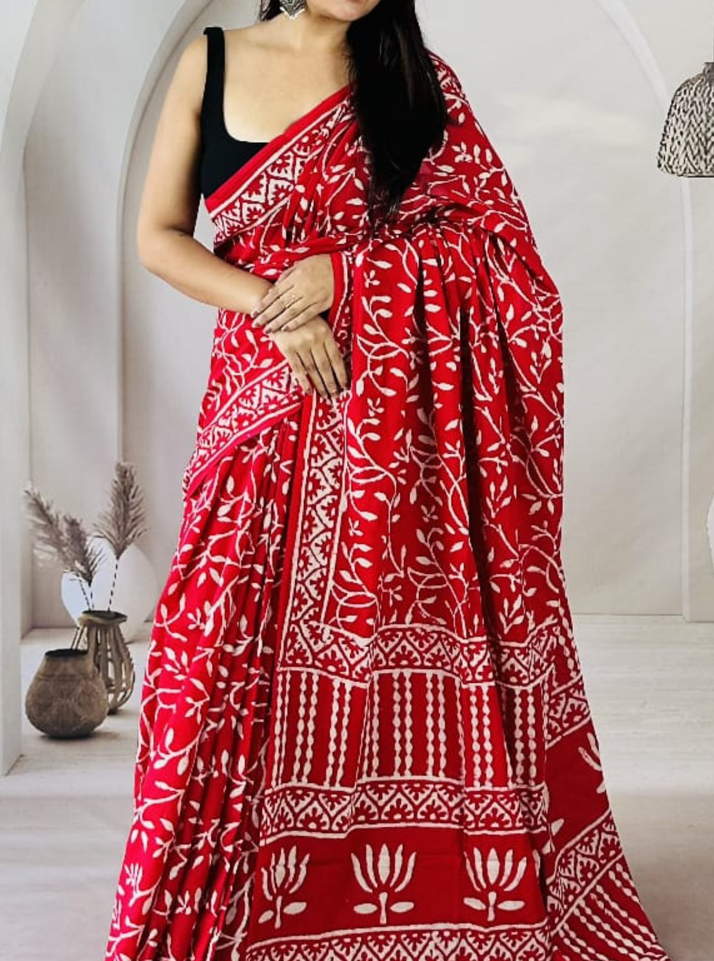 Classic Red Bagru Print Cotton Saree with Ivory Ethnic Motifs