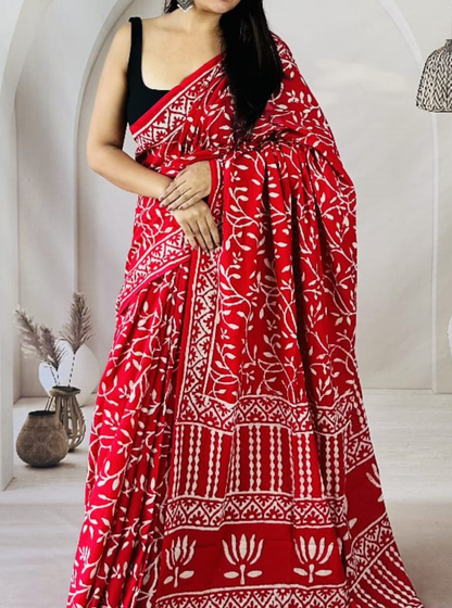 Classic Red Bagru Print Cotton Saree with Ivory Ethnic Motifs