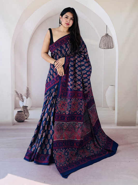 Indigo Blue Bagru Print Cotton Saree with Maroon Ethnic Border