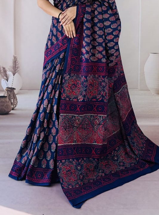 Indigo Blue Bagru Print Cotton Saree with Maroon Ethnic Border