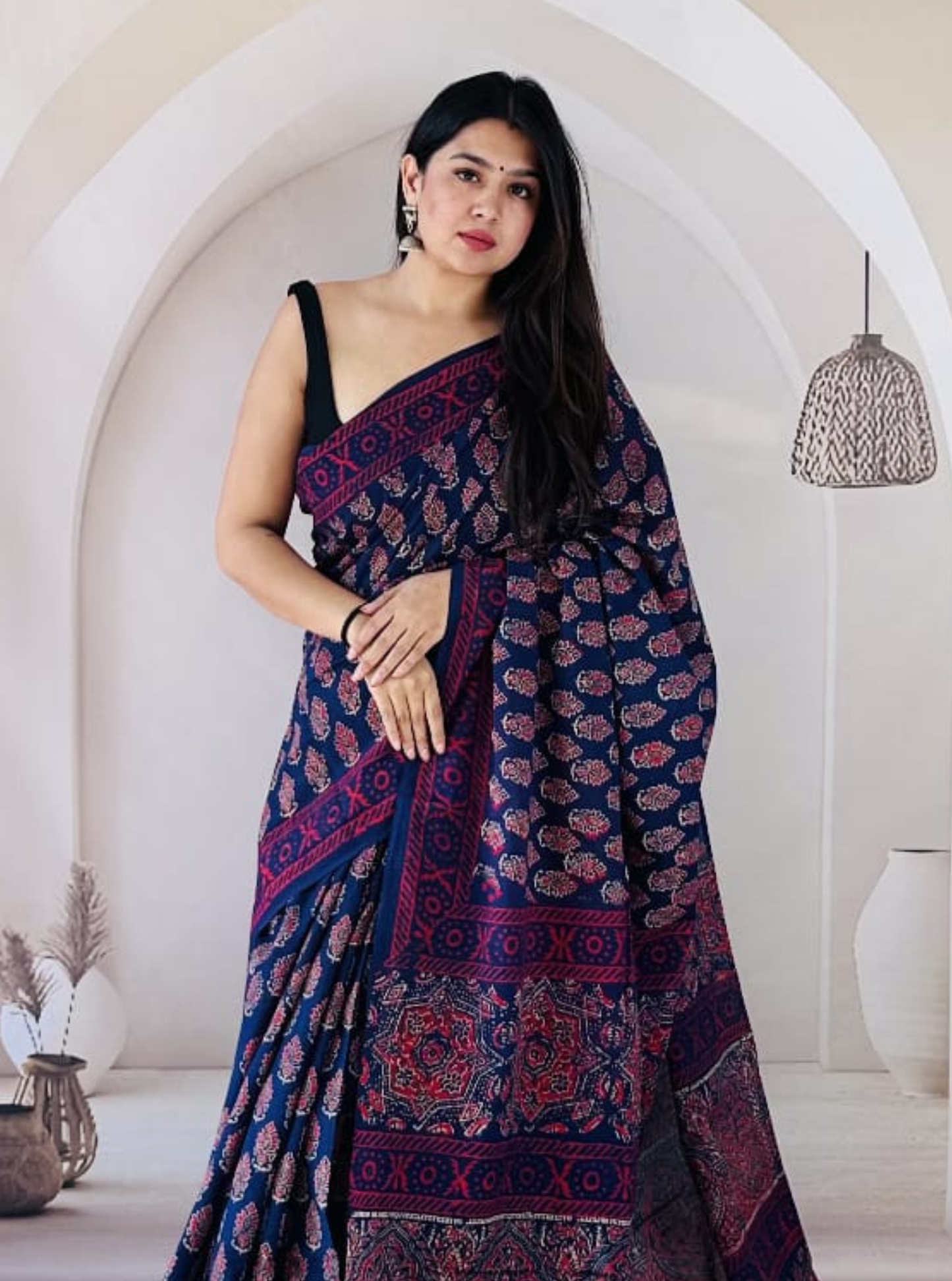 Indigo Blue Bagru Print Cotton Saree with Maroon Ethnic Border