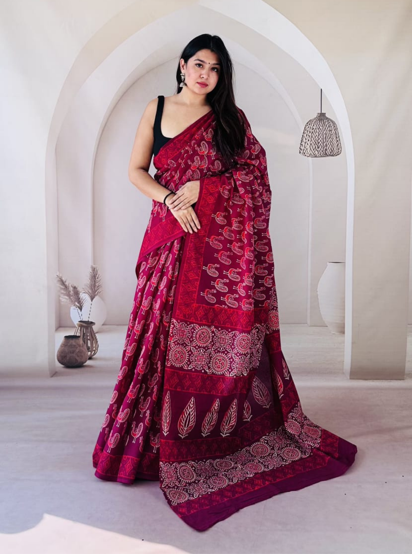 Deep Maroon Bagru Print Cotton Saree with Beige Ethnic Motifs