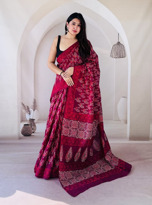 Deep Maroon Bagru Print Cotton Saree with Beige Ethnic Motifs