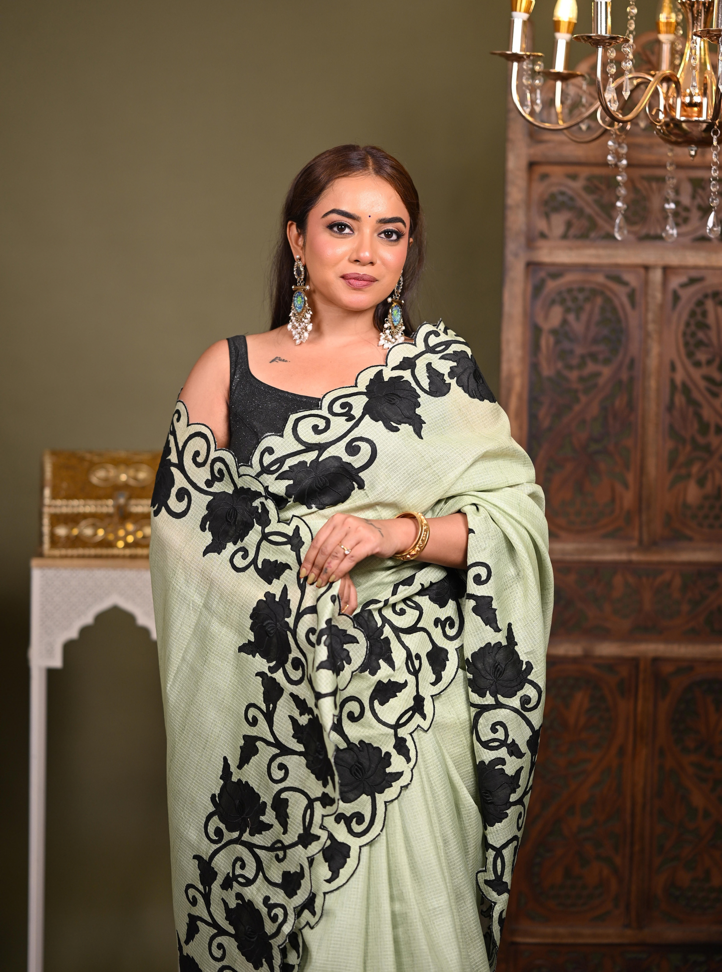 Sage Green Kota Applique Cutwork Saree with Black Floral Border