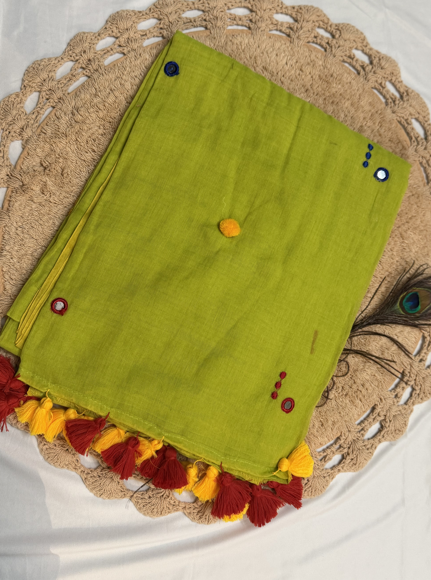 Parrot Green Mul Cotton Saree with Red & Yellow Tassels