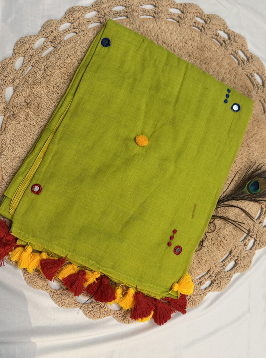 Parrot Green Mul Cotton Saree with Red & Yellow Tassels