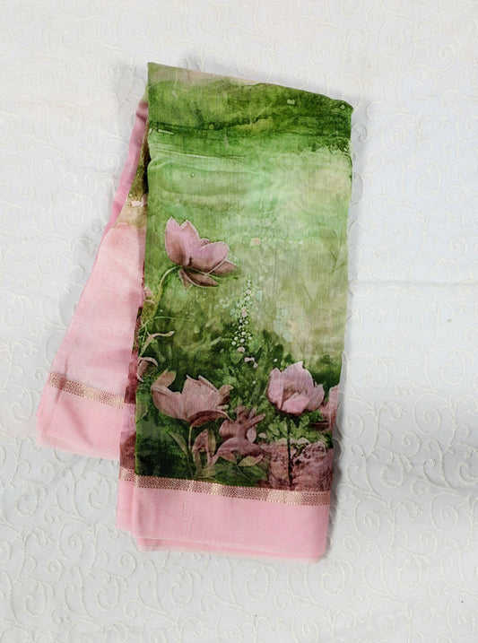 Blush Pink Chanderi Silk Saree with Hand-Painted Lotus Garden Pallu