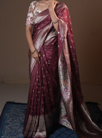 Elegant Wine Tussar Silk Saree with Woven Zari Motifs