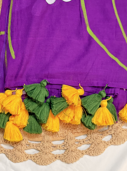Violet Mul Cotton Saree with Handpainted Daisy Motif & Contrast Tassels
