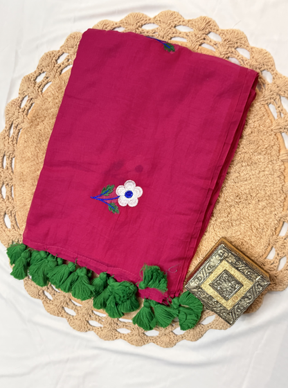 Blossom Pink Mul Cotton Saree with Floral Embroidery & Green Tassels