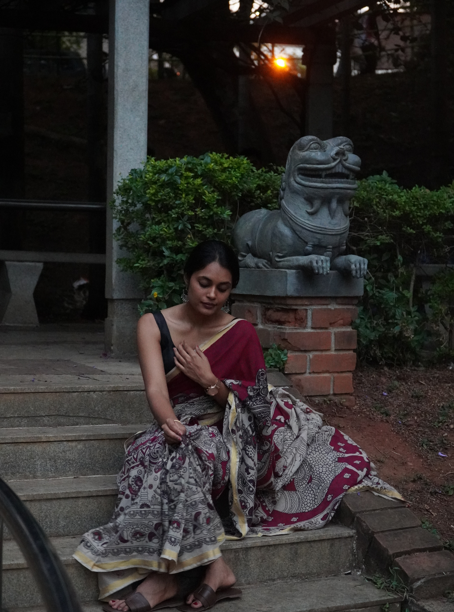 Grey Kota cotton Kalamkari Saree with Floral Art