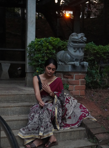 Grey Kota cotton Kalamkari Saree with Floral Art