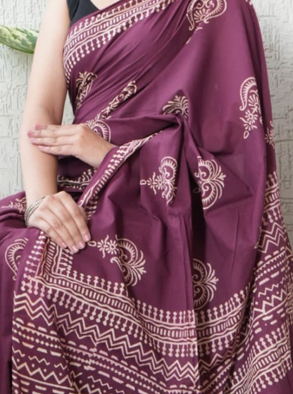Elegant Wine Cotton Saree with Ethnic Paisley & Geometric Prints