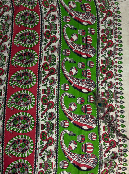 Parrot Green Cotton Kalamkari Saree with Forest & Animal Motifs