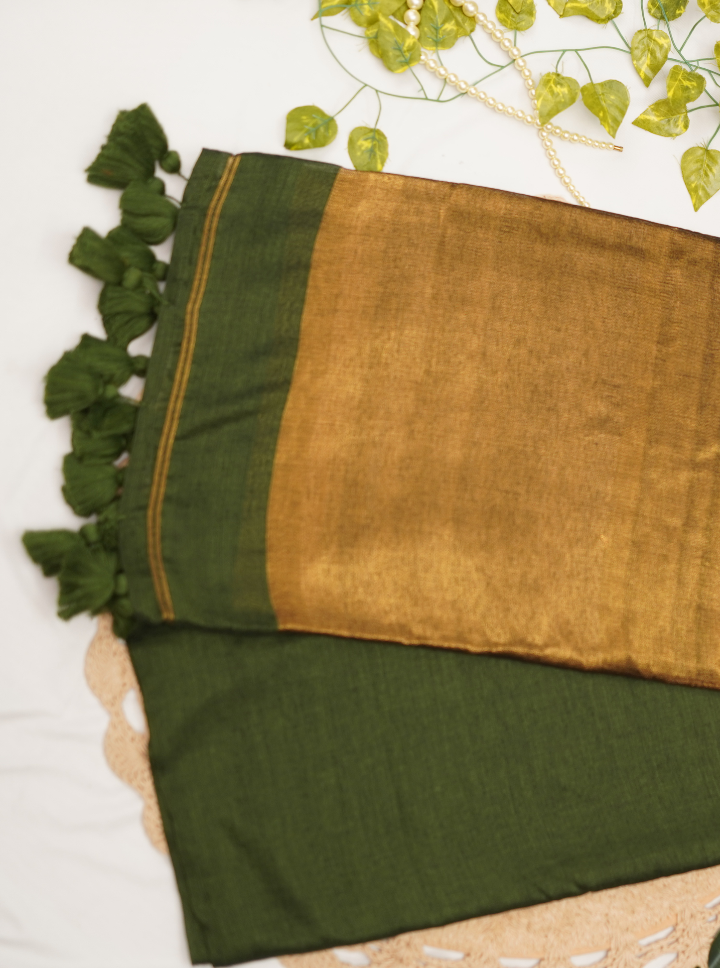 Olive Green Mul Cotton Saree with Rich Gold Pallu & Tassels