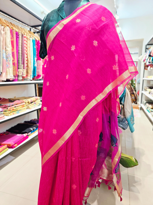 Vibrant Pink Cotton Saree with Organza Pallu & Gold Accents